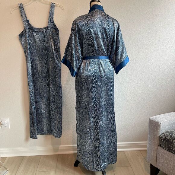 Contessa Di Roma Small Blue Snake Skin Print Slip Dress & Robe 2 Piece Sleepwear - Picture 2 of 9